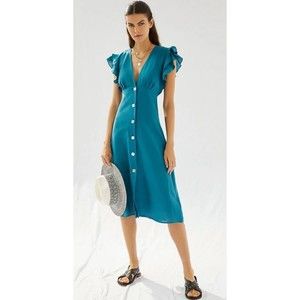 Anthropologie Charlie Holiday Ruffled Cover-Up Midi Blue Green Dress Sz 10 New